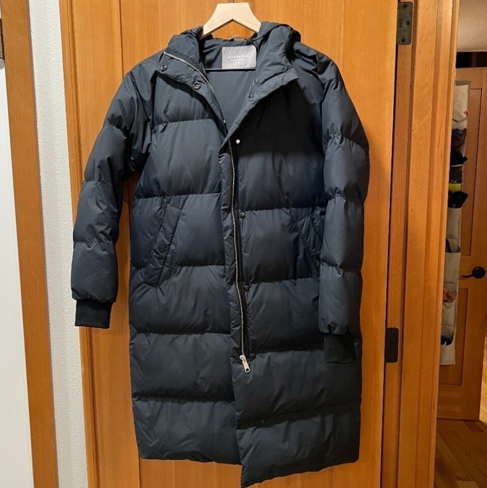 Everlane Womens Navy Blue Puffer Down Hooded Long Coat Size XS